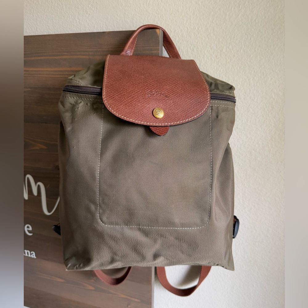 Longchamp Le Pliage Olive Green Nylon Backpack with Brown Leather Flap